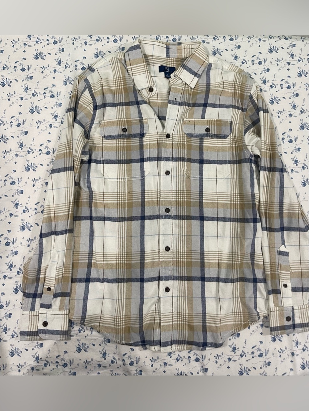George Plaid Button-Up Shirt in Cream, Tan & Blue